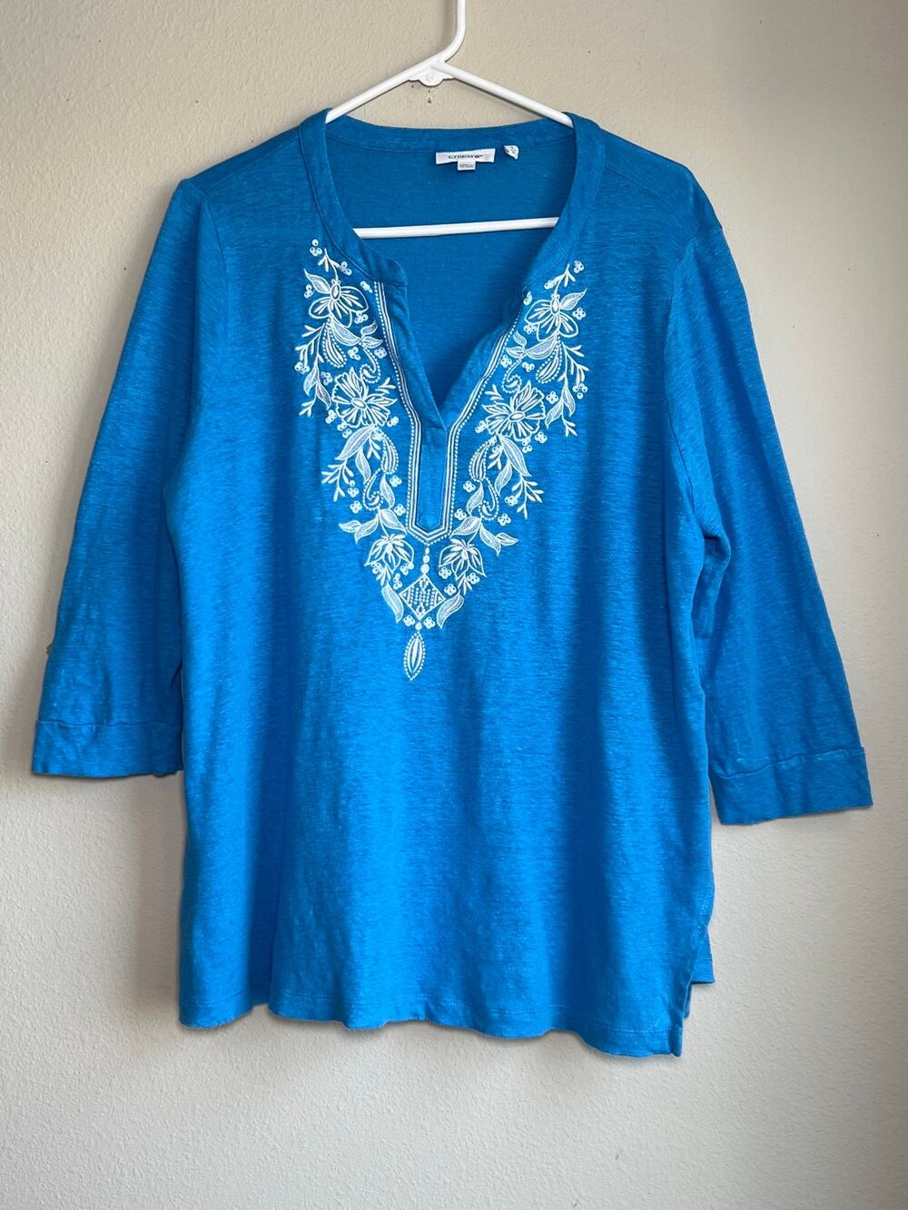 Chicos Blue Linen Embroidered Split Neck Three Quarter Sleeve Blouse Top 3 XL